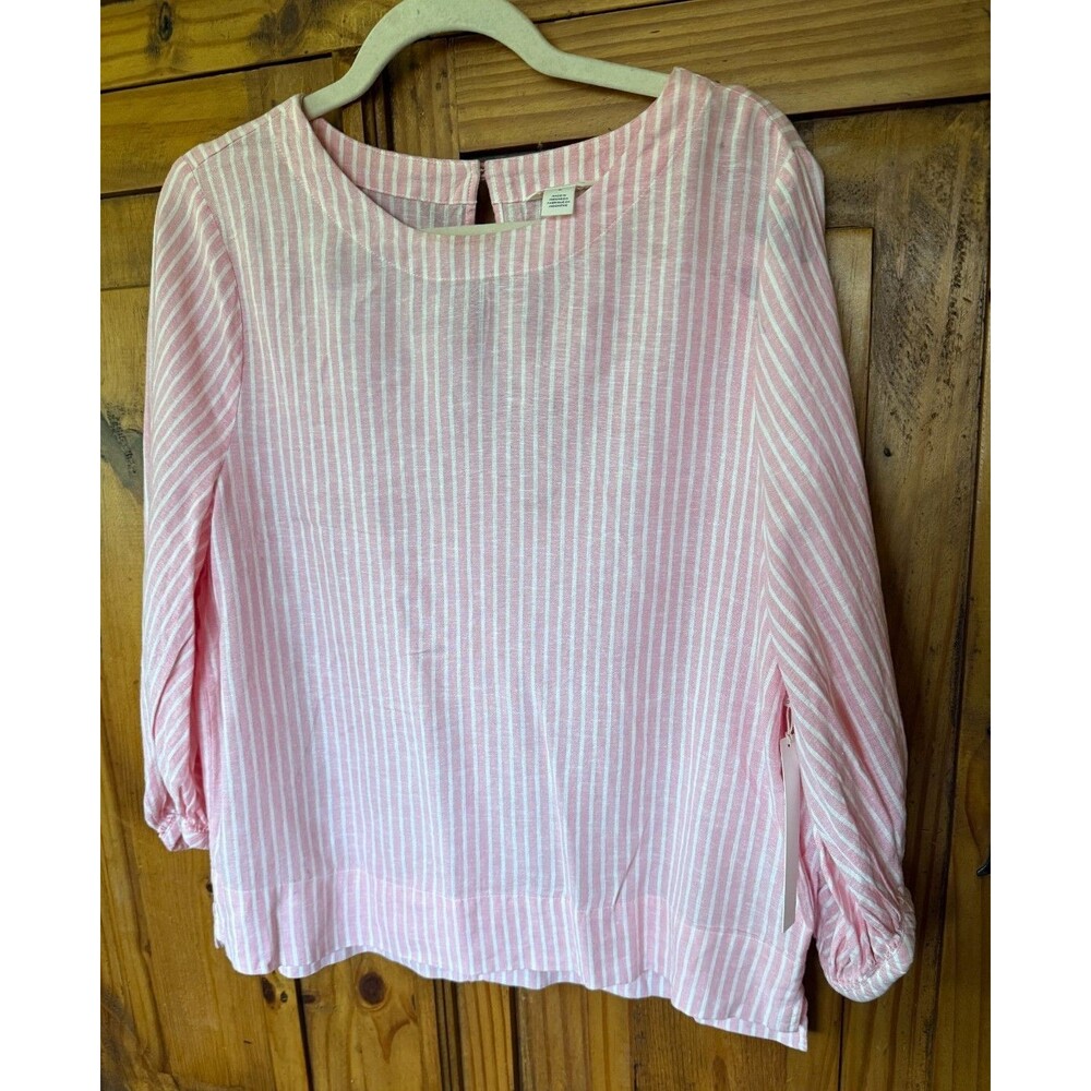 New Nordstrom Caslon Balloon Sleeve Pink and White Striped Linen Blend Top Sz M